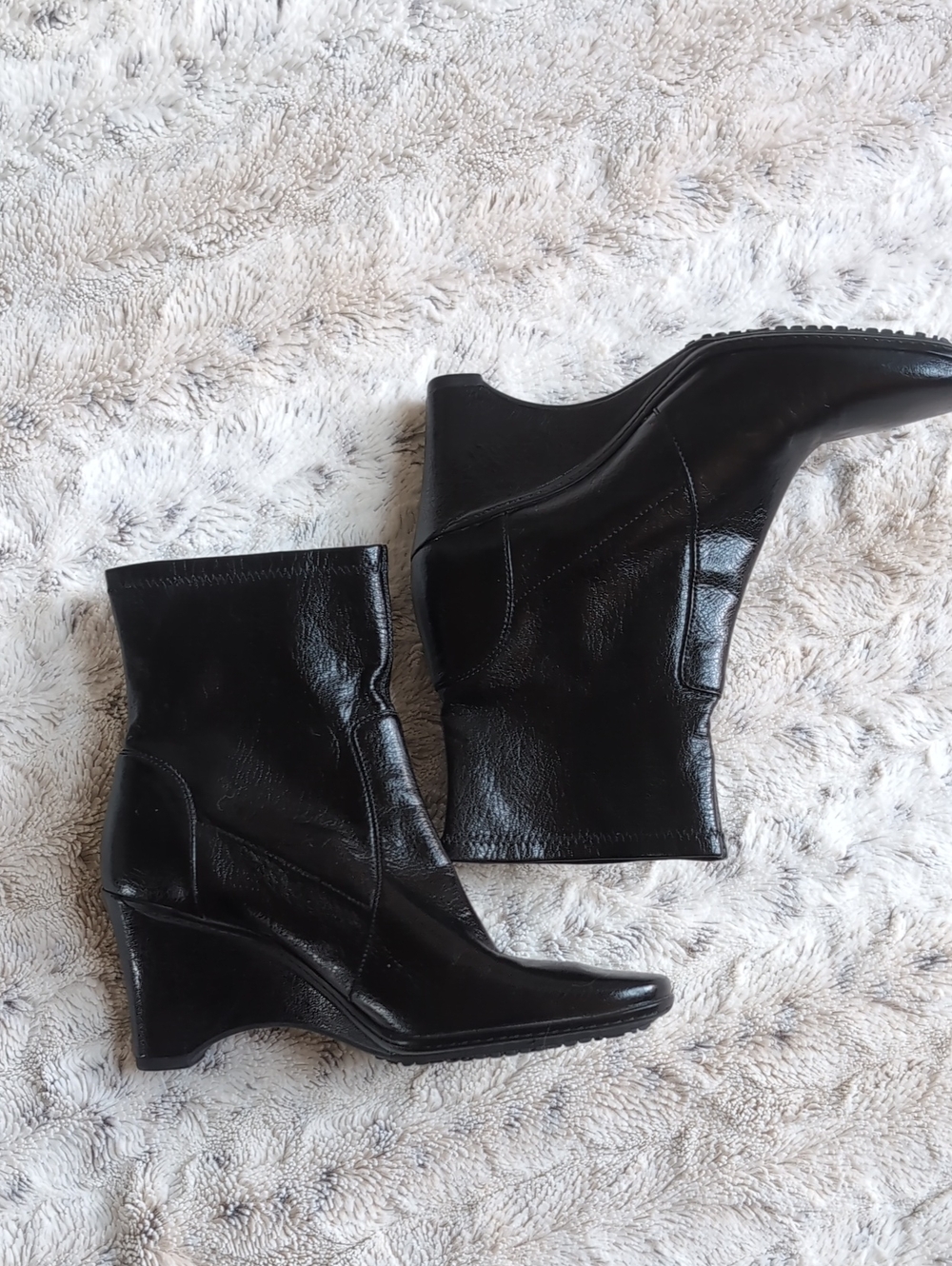 Rockport Black Leather Wedge Ankle Boots Square Toe Whimsygoth Witchy 90s Y2K